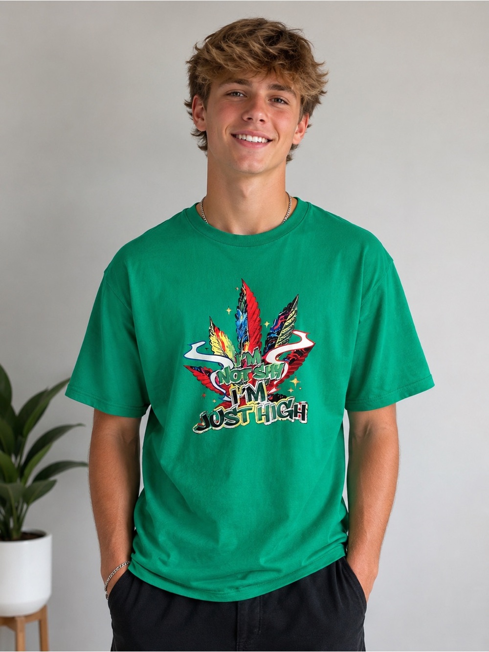 Gildan Green Short Sleeve Graphic Tee with Colorful Leaf Print